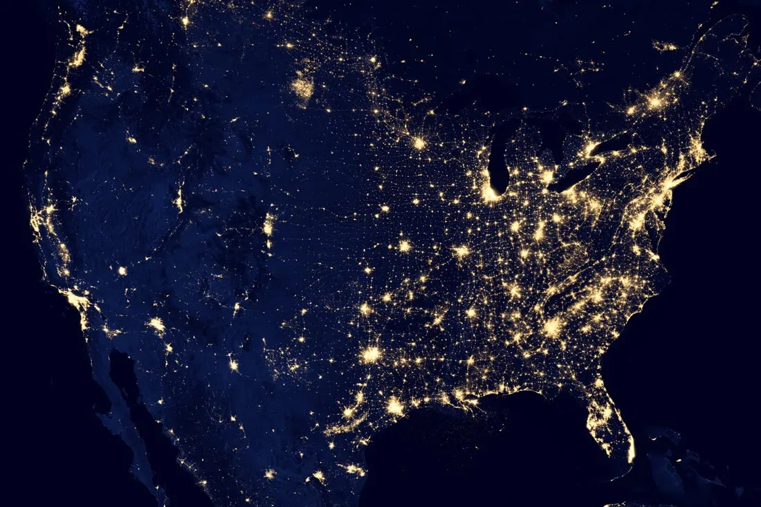 map of the United States with population areas lit up
